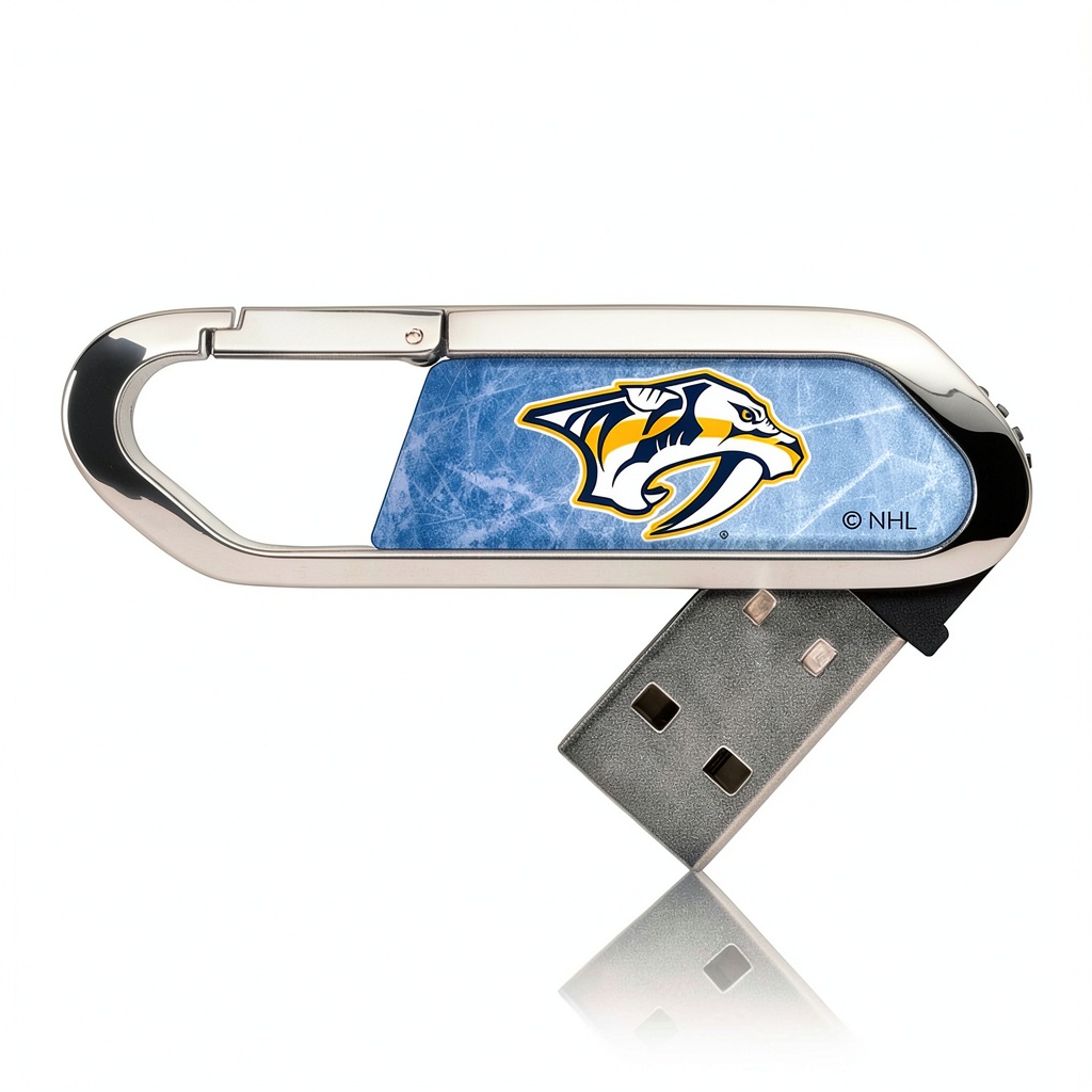 Keyscaper Nashville Predators Ice Flood Clip USB flash drive attached to a keyring on a wooden desk