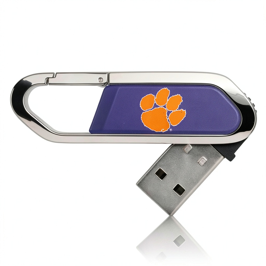 Clemson Tigers 16GB clip USB flash drive attached to a student backpack