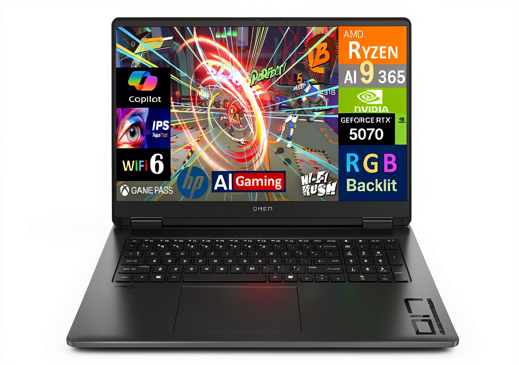 HP OMEN gaming laptop displaying a vibrant game scene on its 17.3 QHD screen