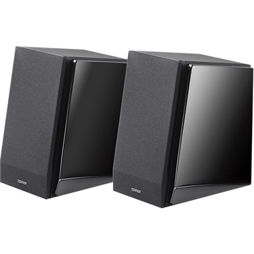 Edifier R1850DB speakers on a desk with connected devices