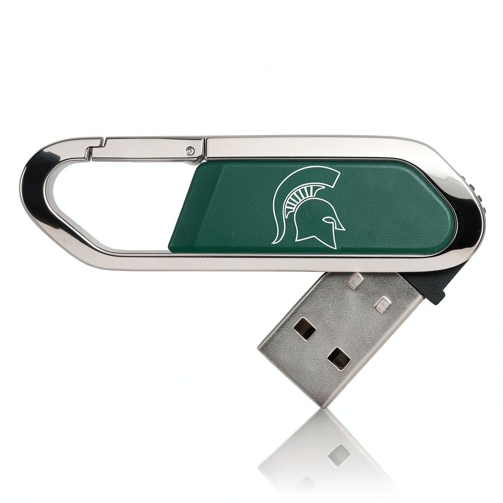 Michigan State Spartans USB drive attached to a keychain on a college campus
